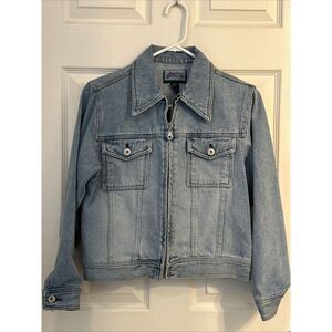VIntage EXPRESS BLEUS Light Wash Blue DENIM WOMENS‎ JACKET Full Zip SMALL